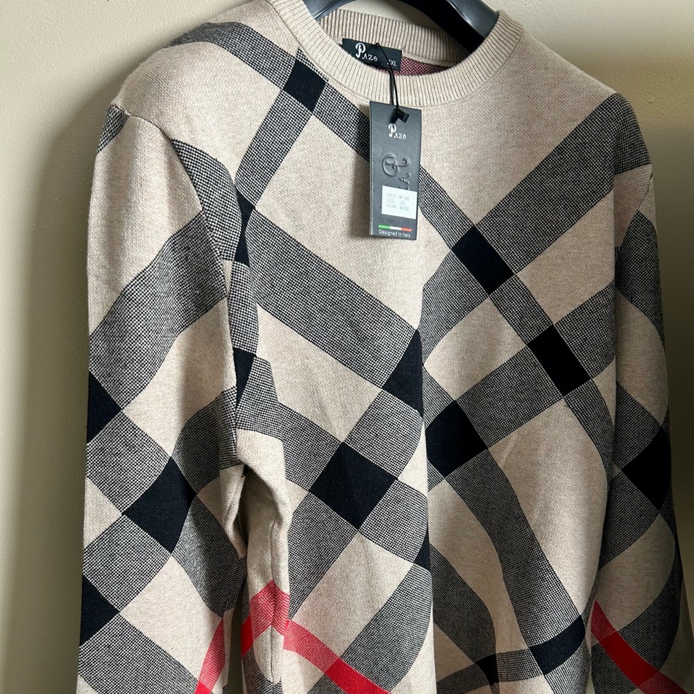Designer plaid crew neck sweater